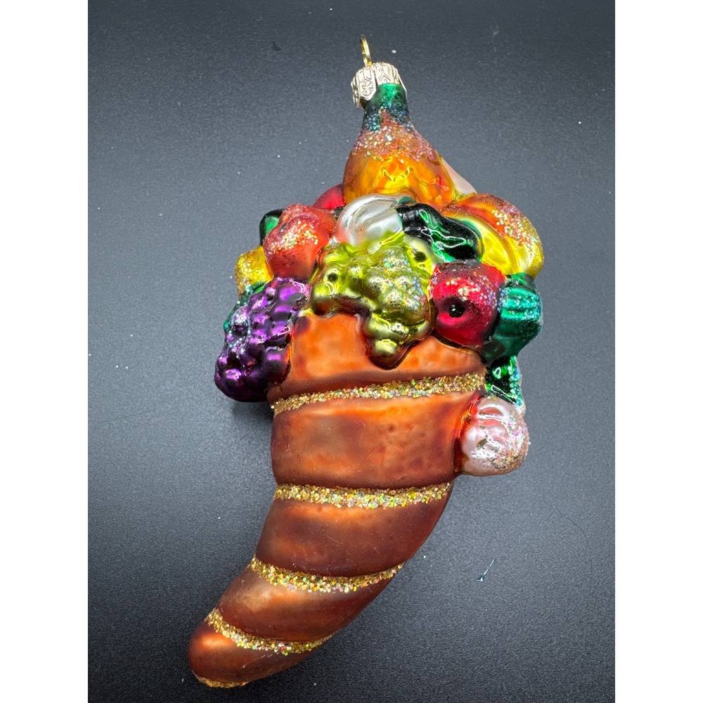 Glass Cornucopia Harvest Fruit Ornament Amber Gold Glitter Horn of Plenty 5"